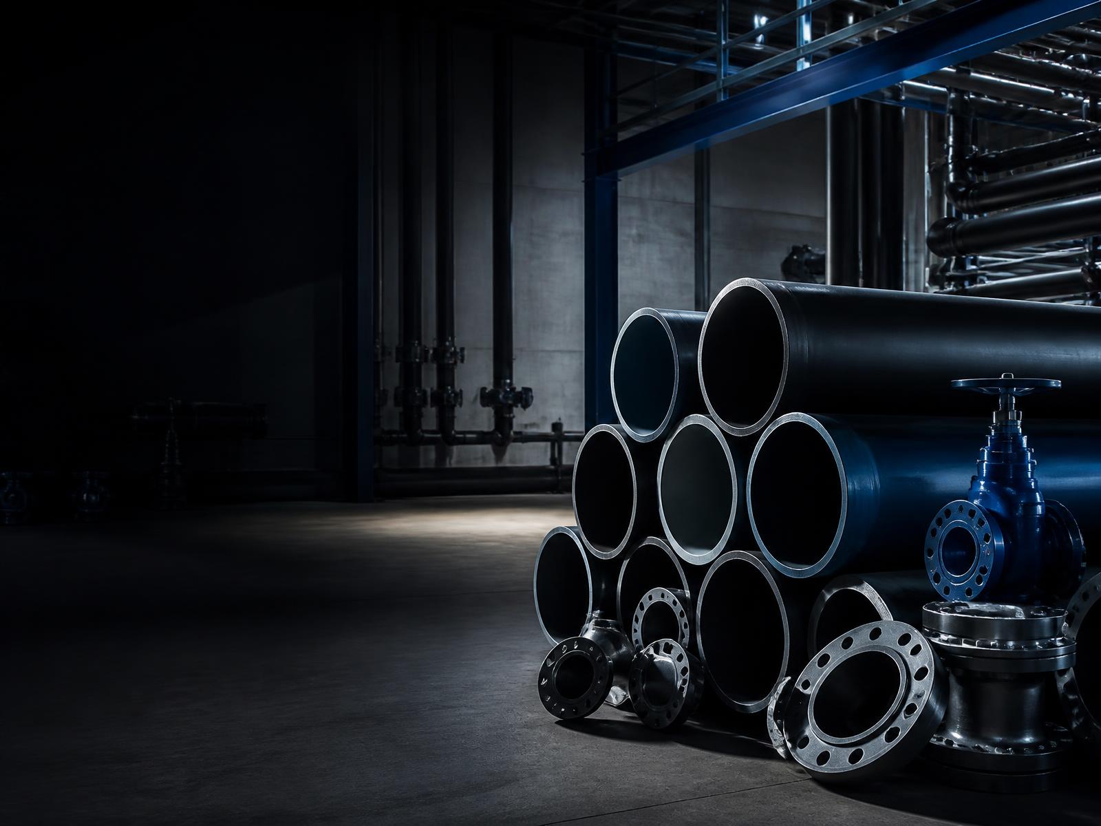 Tubos, flanges e válvulas industriais em ambiente fabril